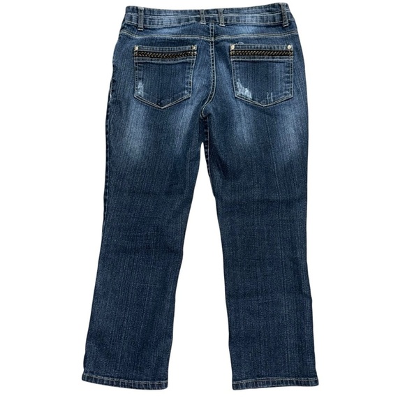 L.E.I. Women's 9 Regular Ashley Lowrise Distressed Leather Braided Pocket Jeans - Picture 3 of 10